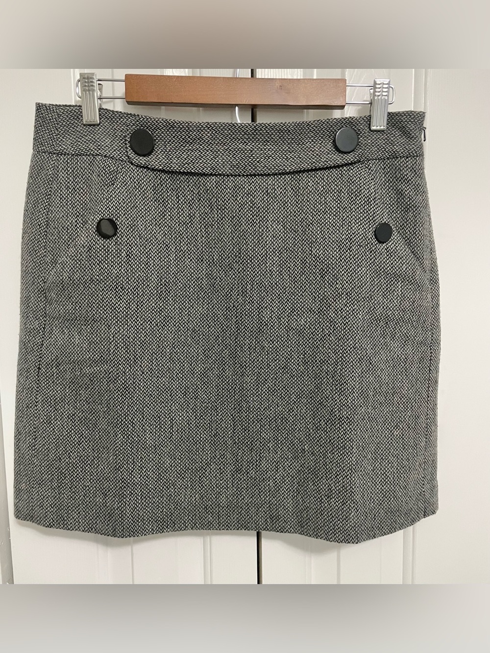 LOFT Black and White Herringbone Mini Skirt with Button Detail